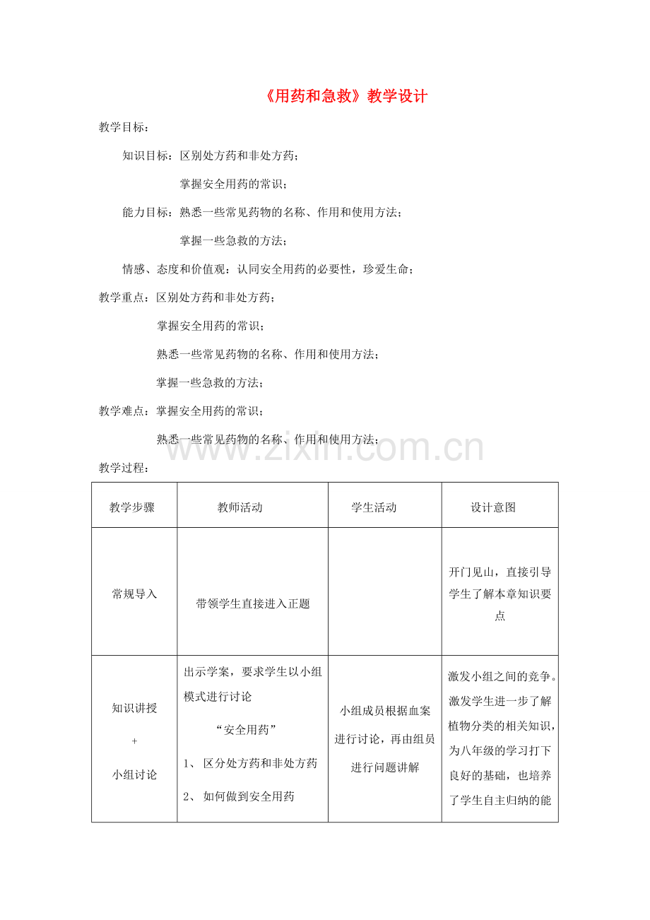 八年级生物下册 第八单元 第二章 用药和急救教学设计 （新版）新人教版-（新版）新人教版初中八年级下册生物教案.doc_第1页