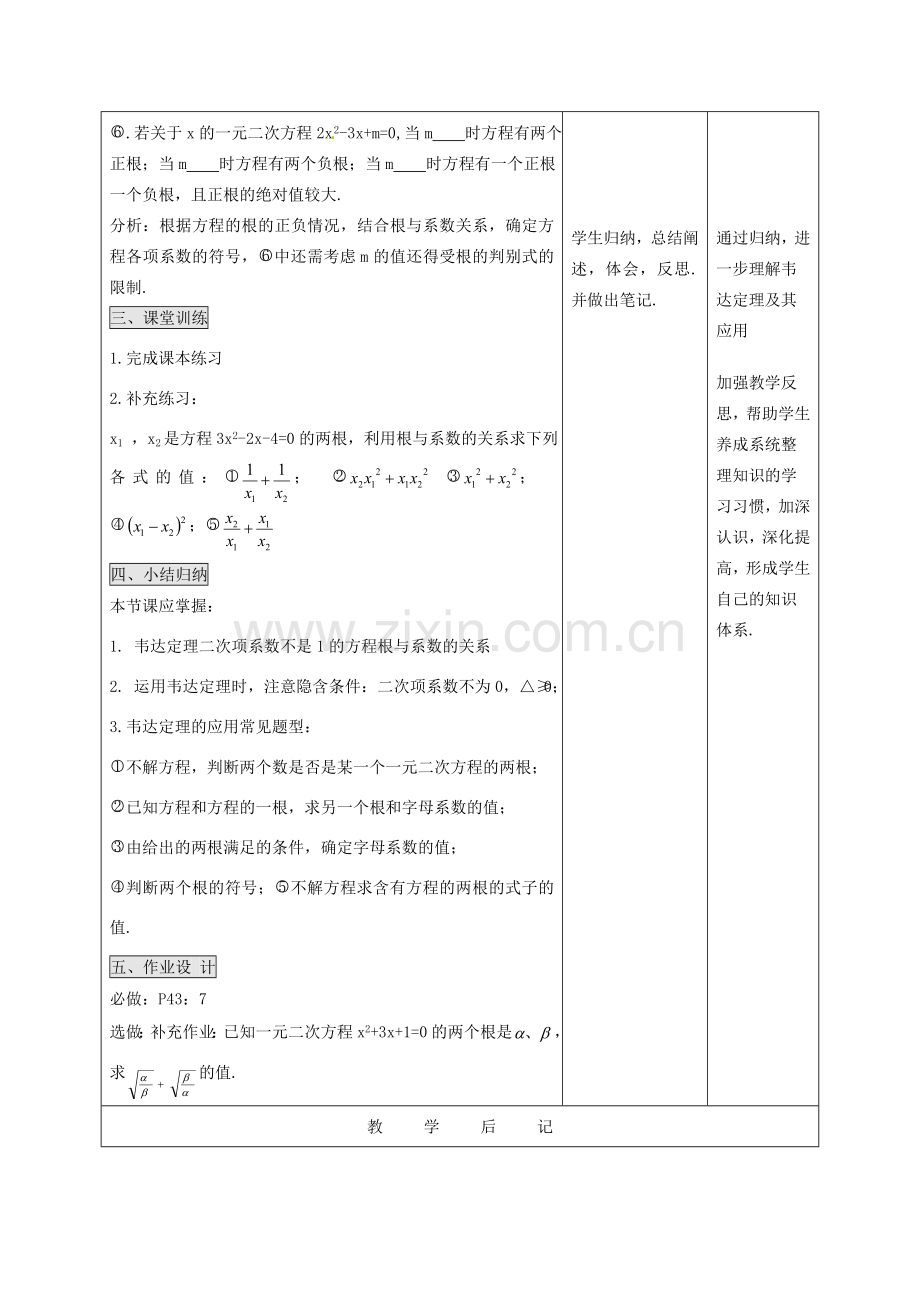 吉林省四平市第十七中学九年级数学上册《22.2.4 一元二次方程的根与系数关系》教学设计 新人教版.doc_第3页