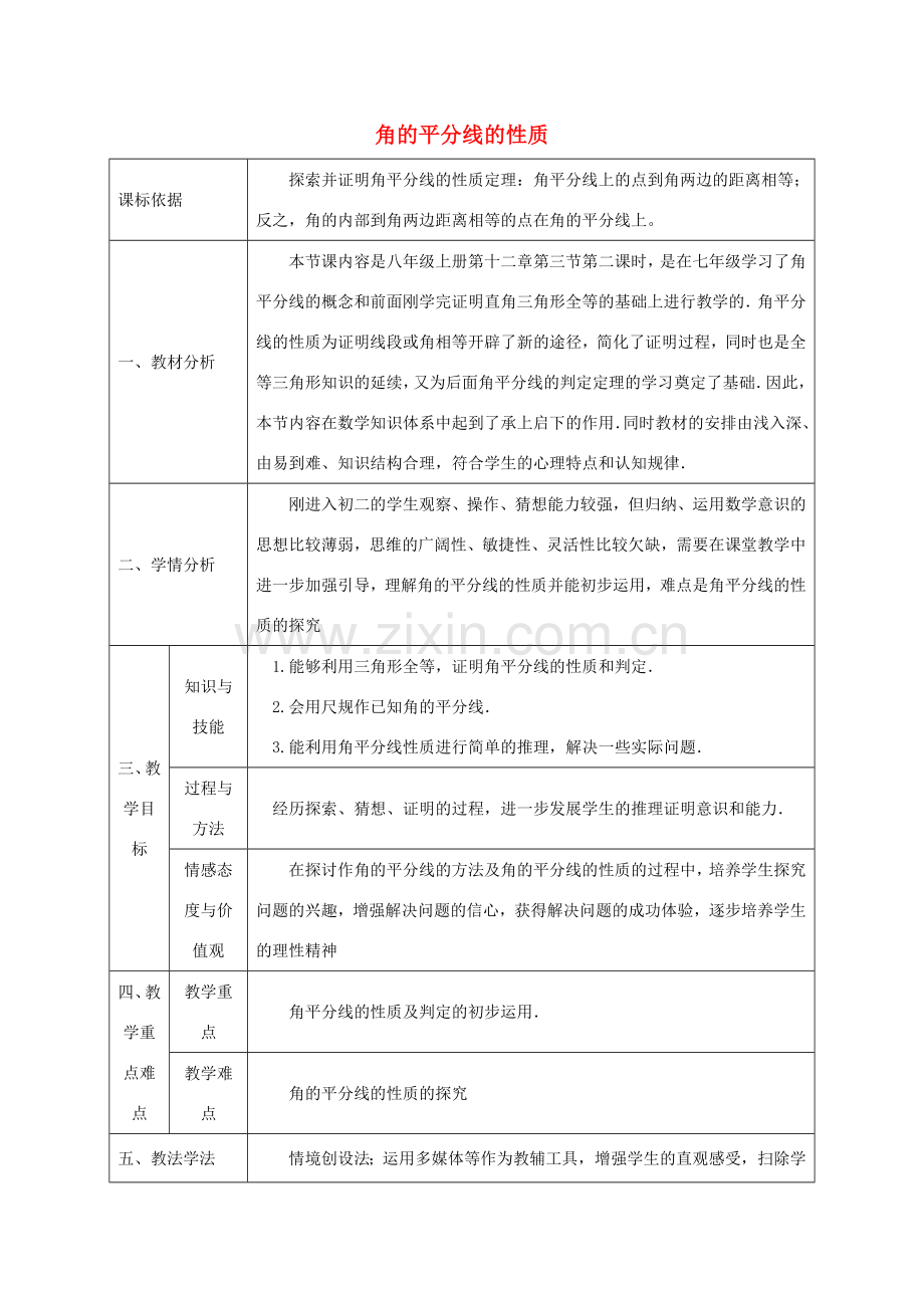 陕西省石泉县八年级数学上册 12.3.2 角的平分线的性质（2）同课异构教案1 （新版）新人教版-（新版）新人教版初中八年级上册数学教案.doc_第1页