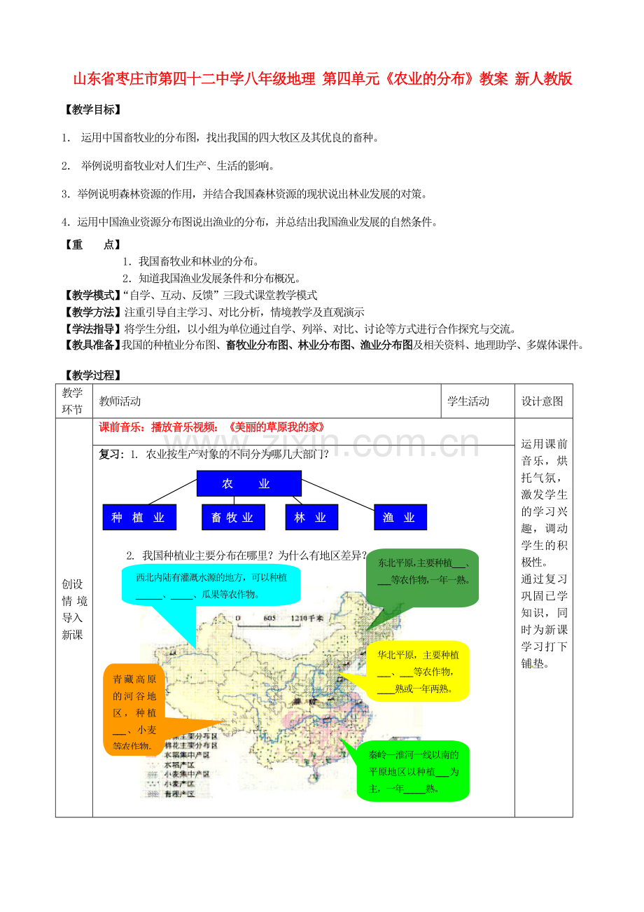 山东省枣庄市第四十二中学八年级地理上册 第四单元《农业的分布》教案 新人教版.doc_第1页