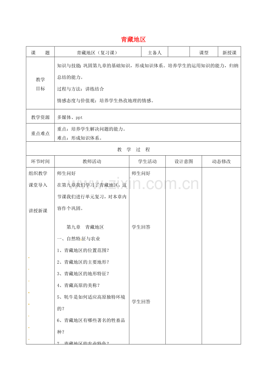 吉林省双辽市八年级地理下册 第九章 青藏地区复习教案 （新版）新人教版-（新版）新人教版初中八年级下册地理教案.doc_第1页