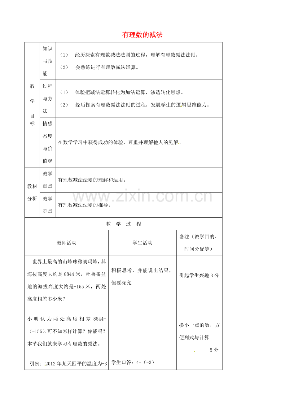 江苏省无锡市七年级数学上册 1.3.2 有理数的减法教案2 新人教版.doc_第1页