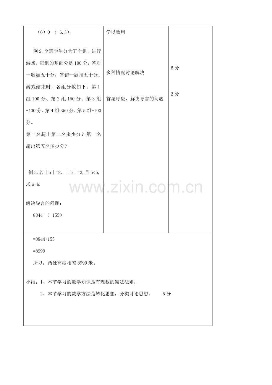 江苏省无锡市七年级数学上册 1.3.2 有理数的减法教案2 新人教版.doc_第3页