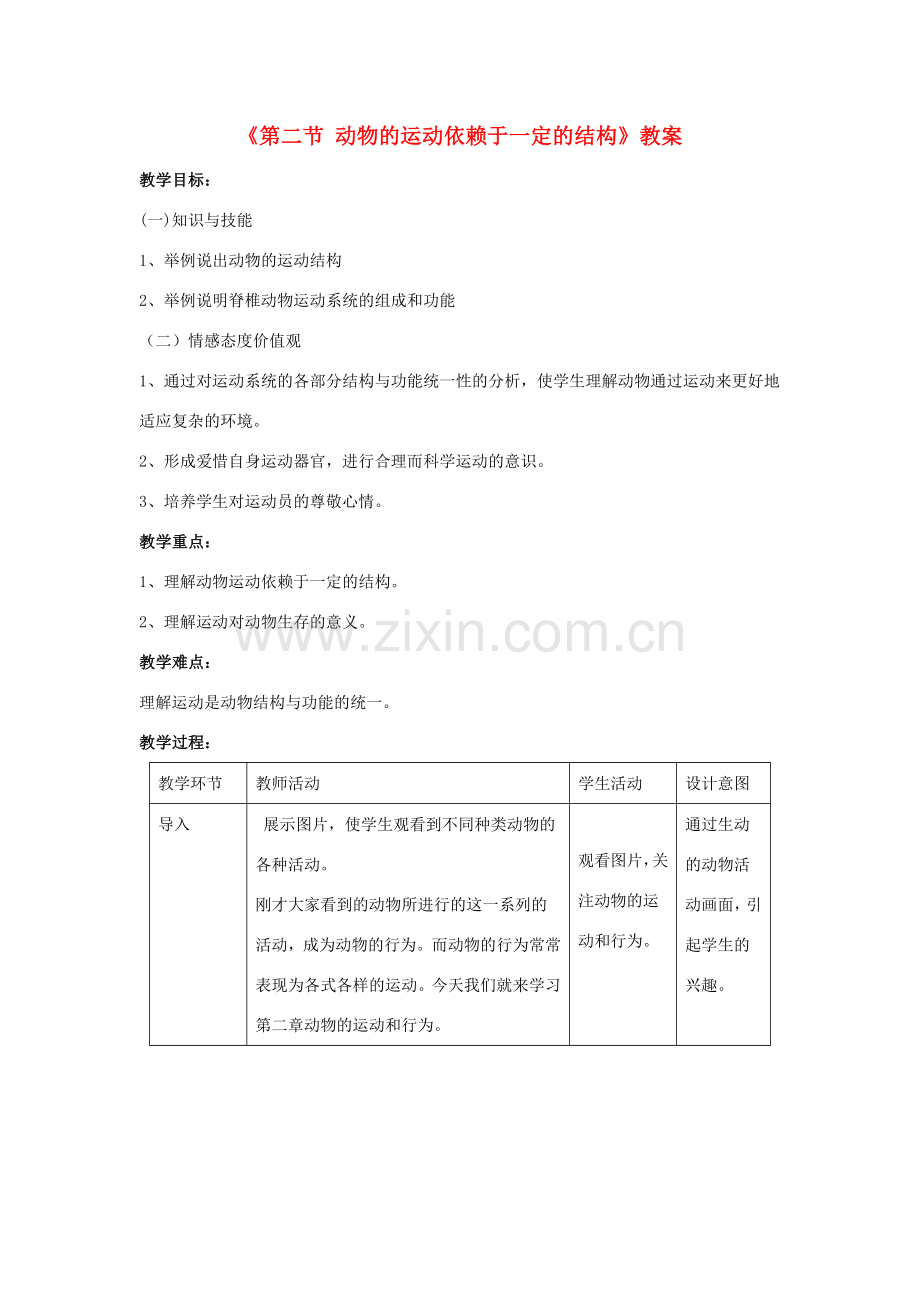 八年级生物上册 第六单元 第十七章 第二节 动物的运动依赖于一定的结构教案 （新版）苏教版-（新版）苏教版初中八年级上册生物教案.doc_第1页