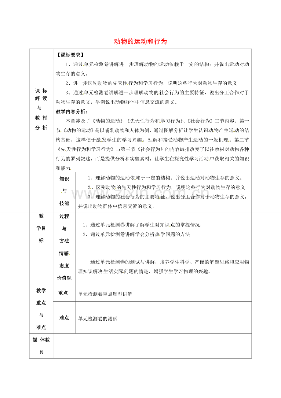 甘肃省武威第十一中学八年级生物上册 第五单元 第二章“动物的运动和行为”教案 （新版）新人教版.doc_第1页