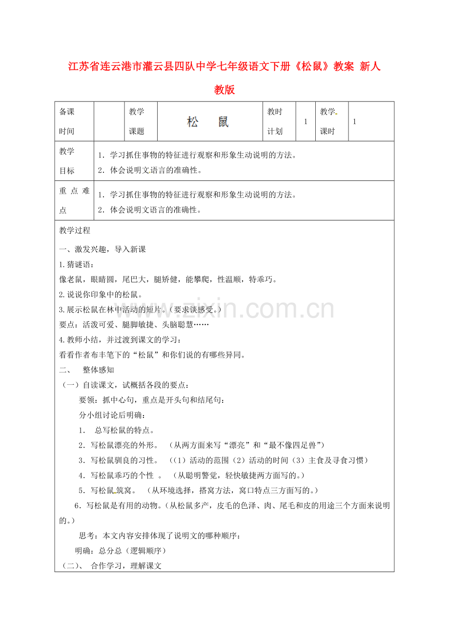 江苏省连云港市灌云县四队中学七年级语文下册《松鼠》教案 新人教版.doc_第1页