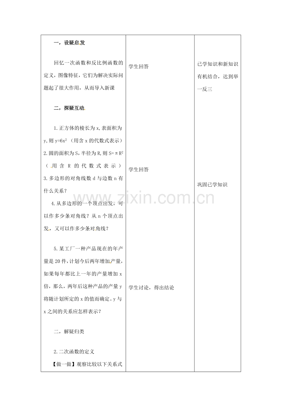 吉林省四平市第十七中学九年级数学下册《26.1.1 二次函数》教学设计 新人教版.doc_第2页