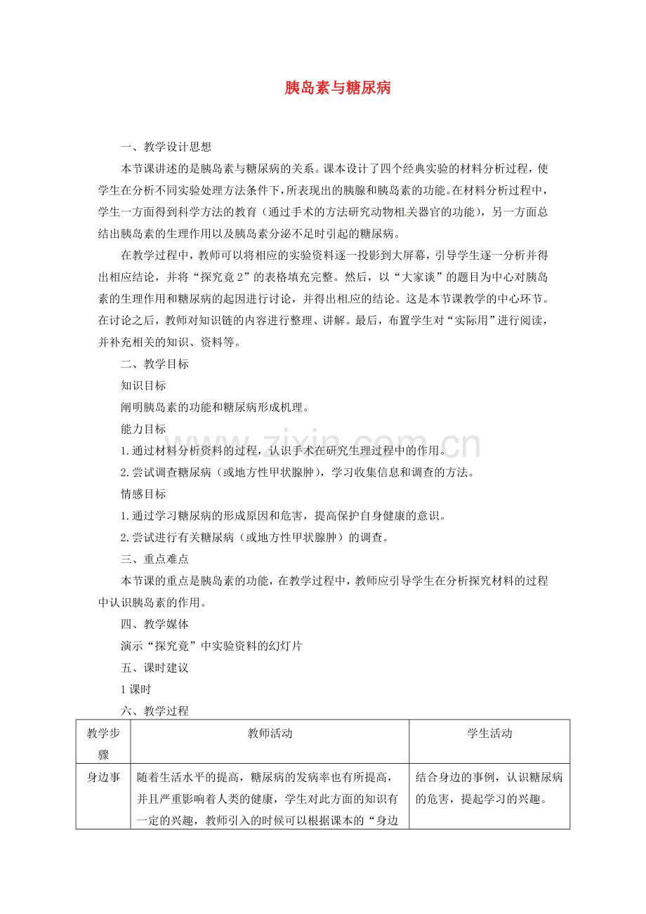 河北省隆化县第二中学七年级生物下册 胰岛素与糖尿病教案.doc_第1页