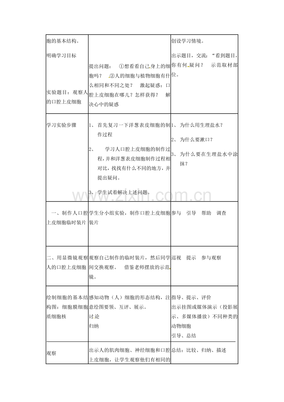 山东省龙口市诸由观镇诸由中学七年级生物上册 第二单元 第一章 第三节 观察动物细胞教案 新人教版.doc_第2页