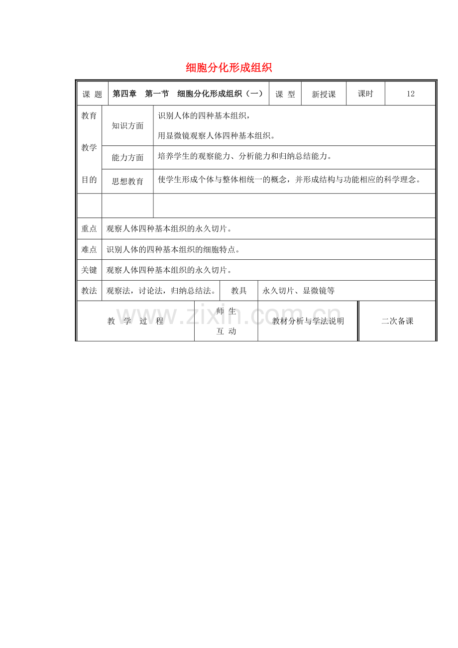 七年级生物上册 2.4.1 细胞分化形成组织（第1课时）教案 （新版）北师大版-（新版）北师大版初中七年级上册生物教案.doc_第1页