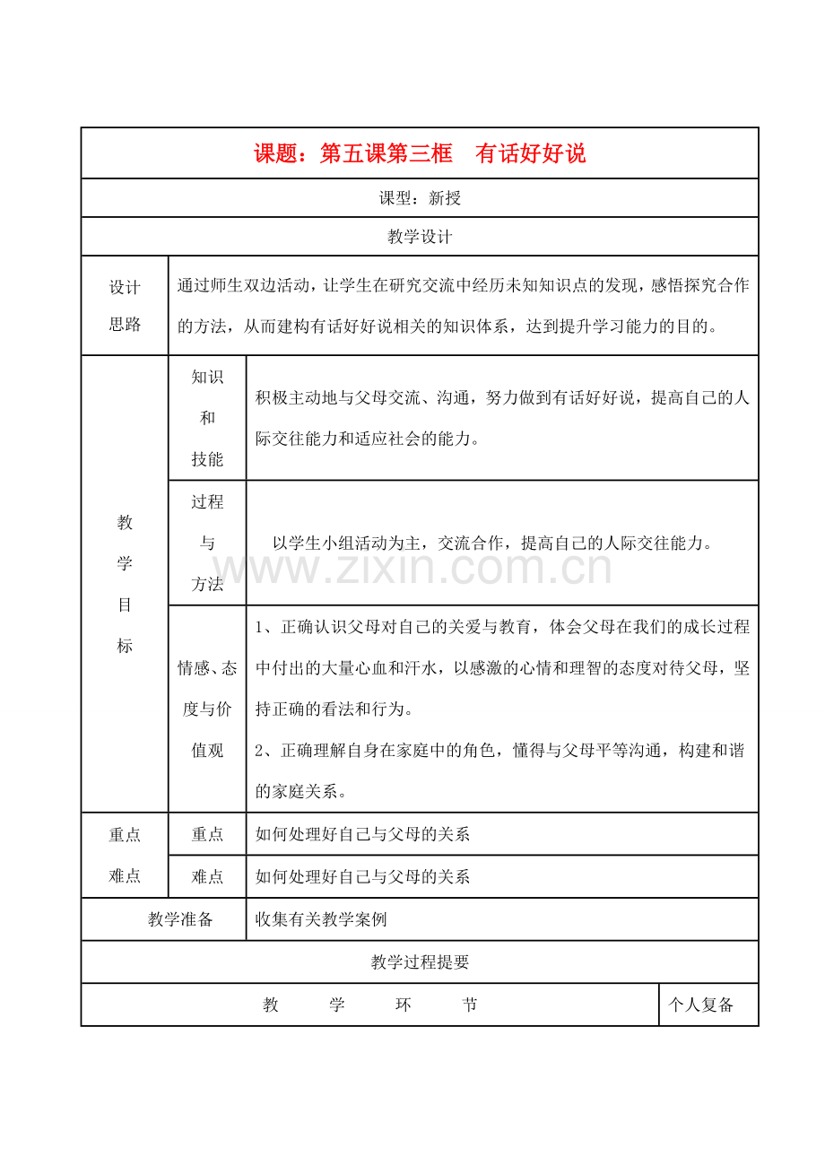 八年级思想品德上册 第五课《有话好好说 》第三框教案 苏教版.doc_第1页