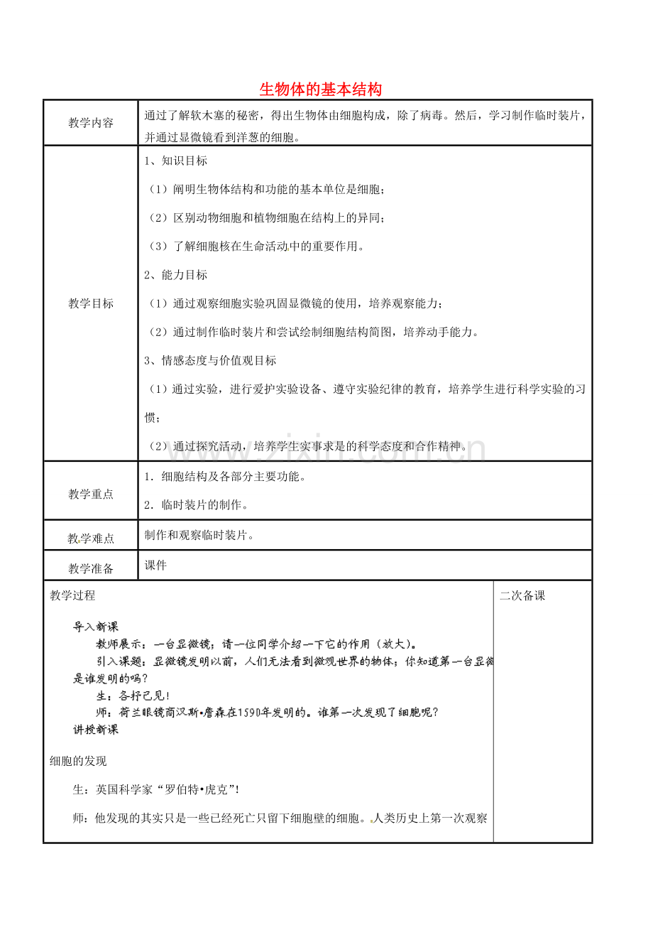 江苏省苏州市工业园区东沙湖学校七年级生物下册 第八章 第一节 生物体的基本结构（第一课时）教案 苏科版.doc_第1页