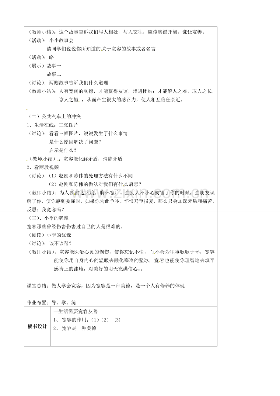 江苏省太仓市第二中学七年级政治上册《第七课 第一框 生活需要宽容友善》教案 苏教版.doc_第2页