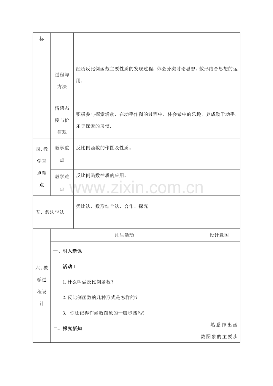 陕西省石泉县九年级数学下册 26.1.2 反比例函数的图象和性质（1）教案 （新版）新人教版-（新版）新人教版初中九年级下册数学教案.doc_第2页