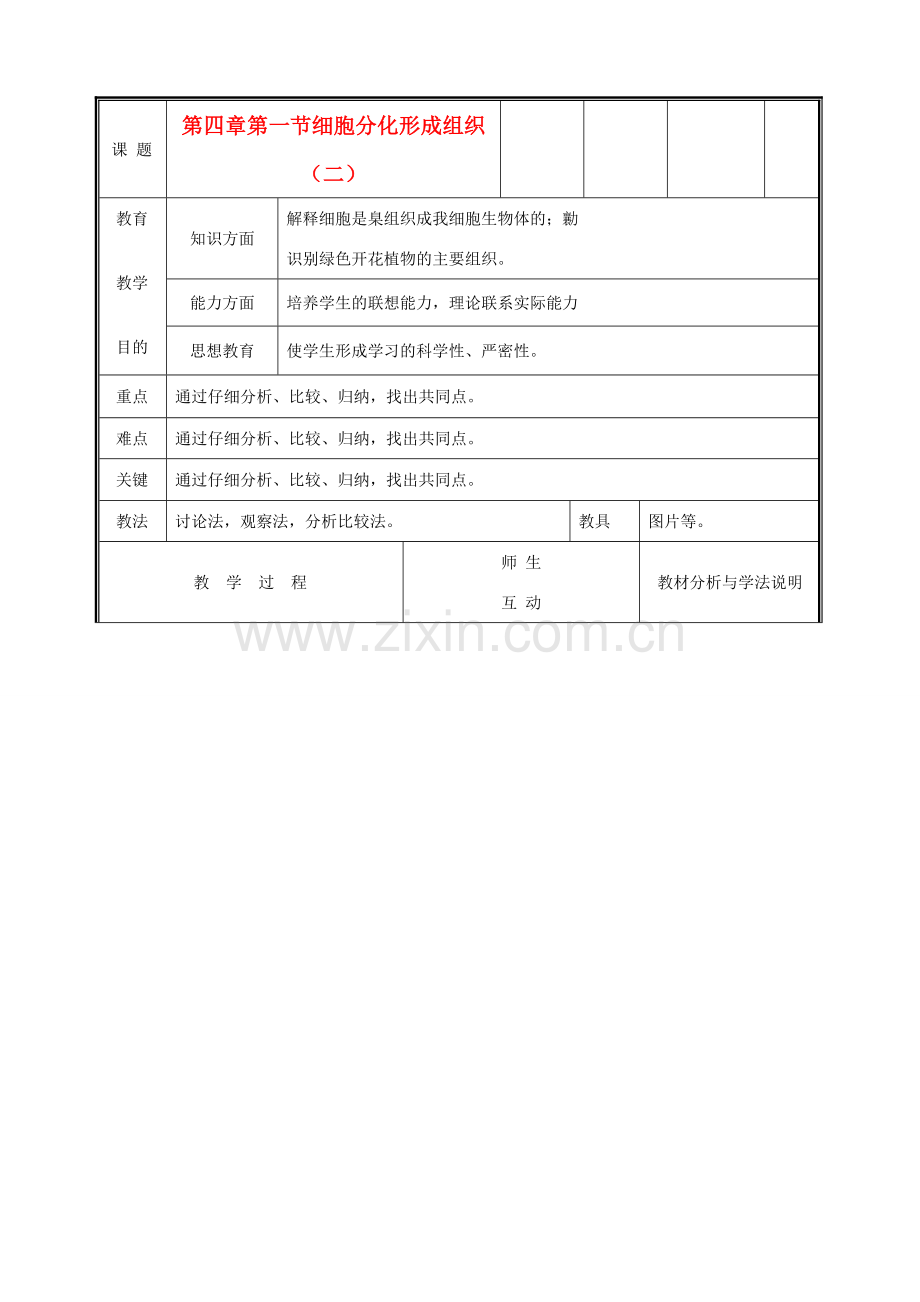 七年级生物上册《细胞分化形成组织》教案2 北师大版.doc_第1页