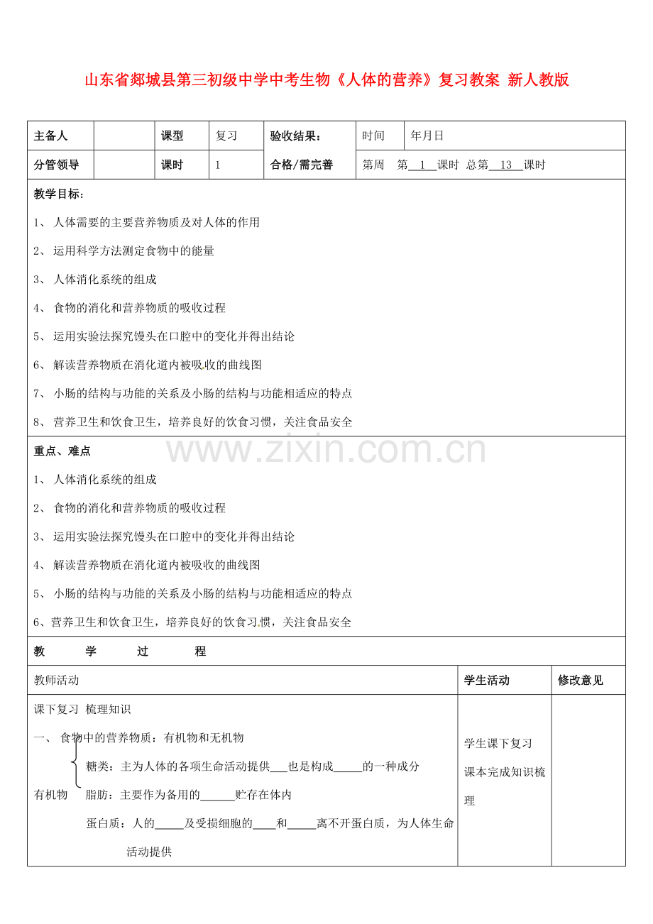 山东省郯城县第三初级中学中考生物《人体的营养》复习教案 新人教版.doc_第1页