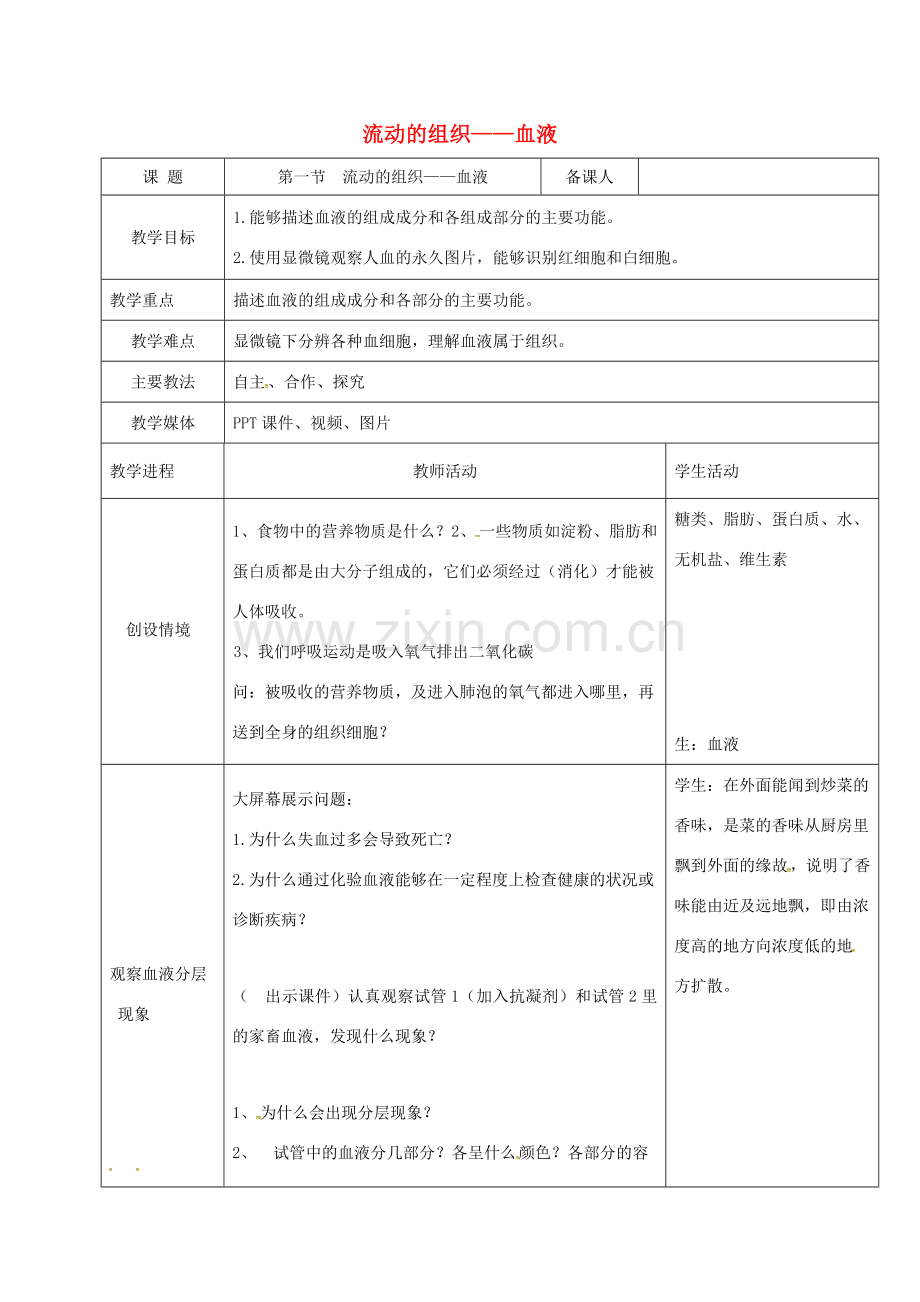 黑龙江省鸡西市七年级生物下册 4.4.1 流动的组织——血液教案 （新版）新人教版-（新版）新人教版初中七年级下册生物教案.doc_第1页