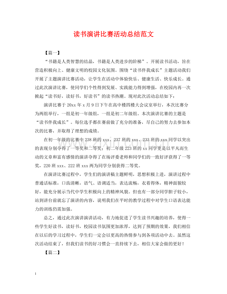 读书演讲比赛活动总结范文.docx_第1页