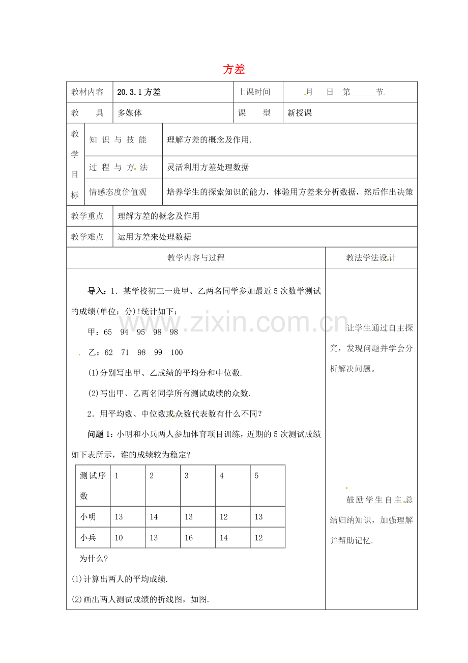 吉林省长春市双阳区八年级数学下册 20 数据的整理与初步处理 20.3 数据的离散程度 20.3.1 方差教案 （新版）华东师大版-（新版）华东师大版初中八年级下册数学教案.doc_第1页