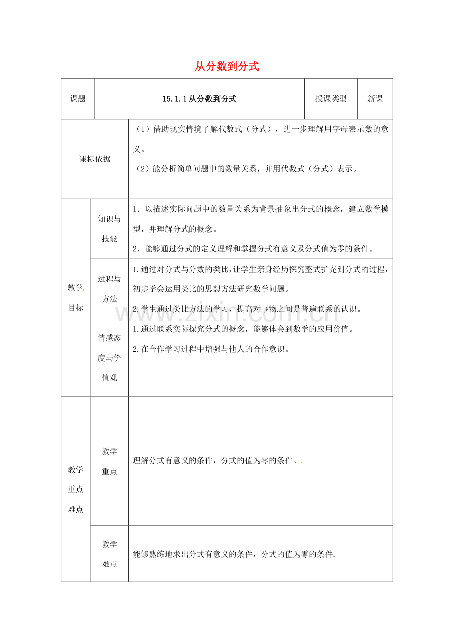 陕西省安康市石泉县池河镇八年级数学上册 15.1 分式 15.1.1 从分数到分式教案1 （新版）新人教版-（新版）新人教版初中八年级上册数学教案.doc_第1页