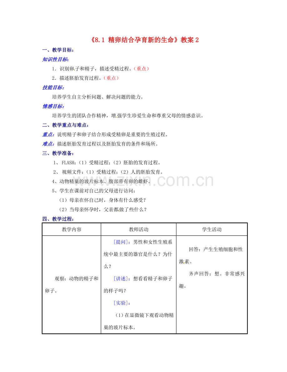 江苏省东台市唐洋镇中学七年级生物下册《8.1 精卵结合孕育新的生命》教案2 苏教版.doc_第1页