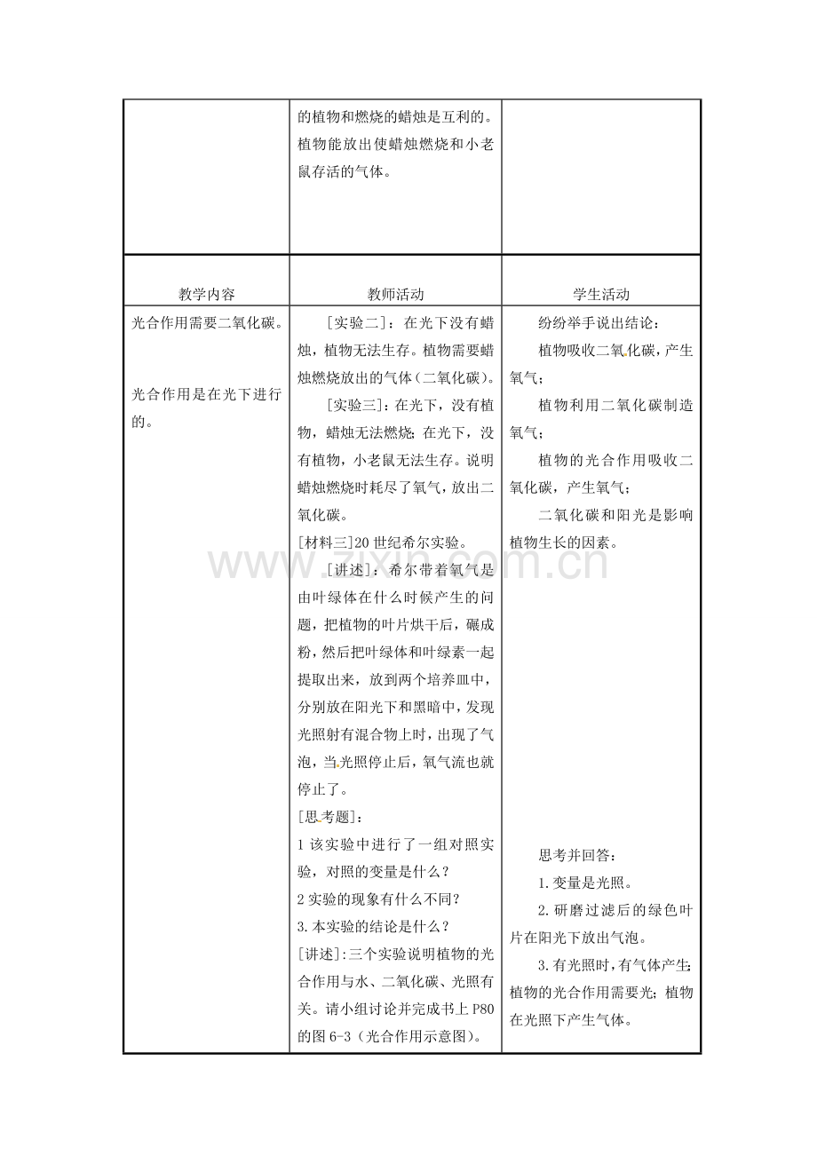 江苏省东台市唐洋镇中学七年级生物上册《6.1 植物光合作用的发现》教案 苏教版.doc_第3页