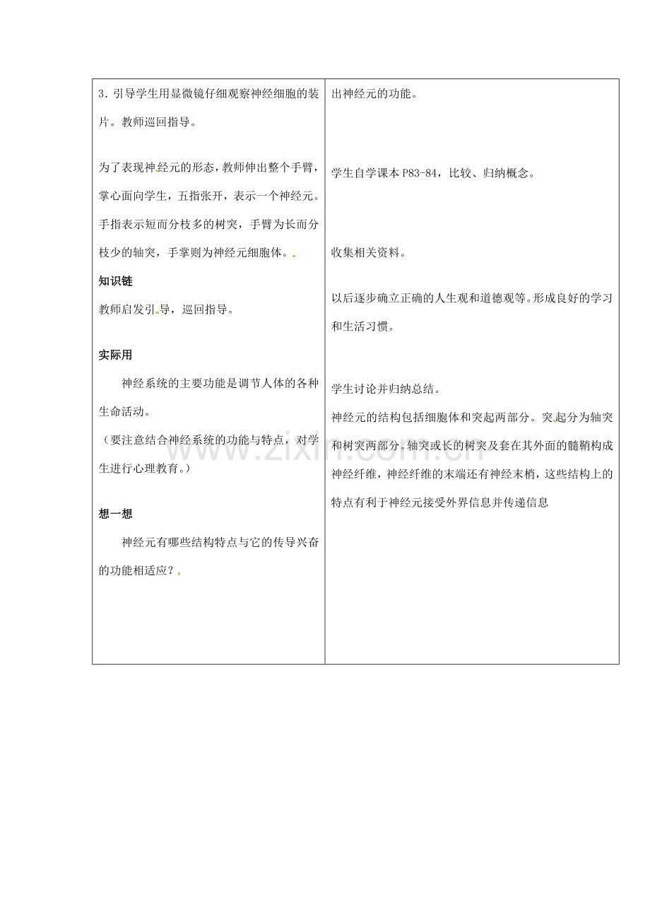 七年级生物下册 第四章《合理用脑 高效学习》4.2.1 传递信息的神经系统教案 （新版）冀教版.doc_第3页