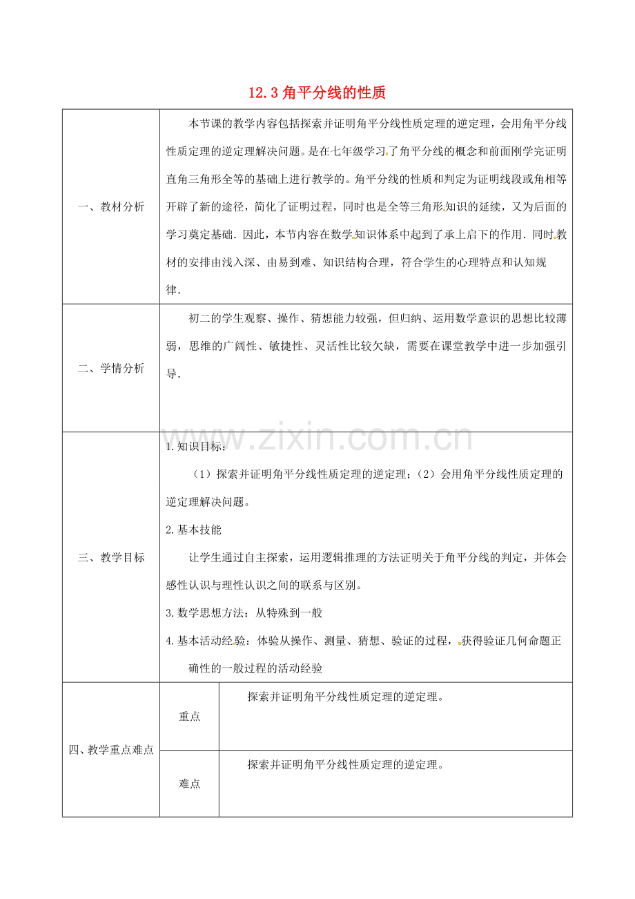 陕西省石泉县八年级数学上册 12.3 角的平分线的性质同课异构教案4 （新版）新人教版-（新版）新人教版初中八年级上册数学教案.doc_第1页