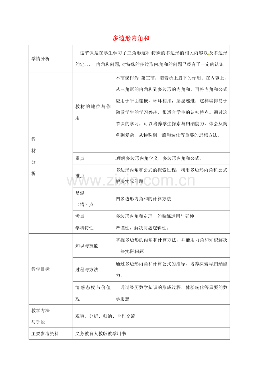 八年级数学上册 11.3.2 多边形内角和教学设计 （新版）新人教版-（新版）新人教版初中八年级上册数学教案.doc_第1页