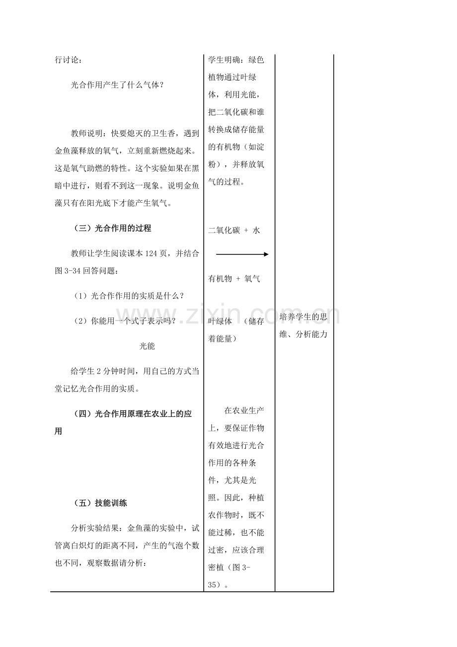 秋七年级生物上册 3.5.1 光合作用吸收二氧化碳释放氧气教案 （新版）新人教版-（新版）新人教版初中七年级上册生物教案.doc_第3页