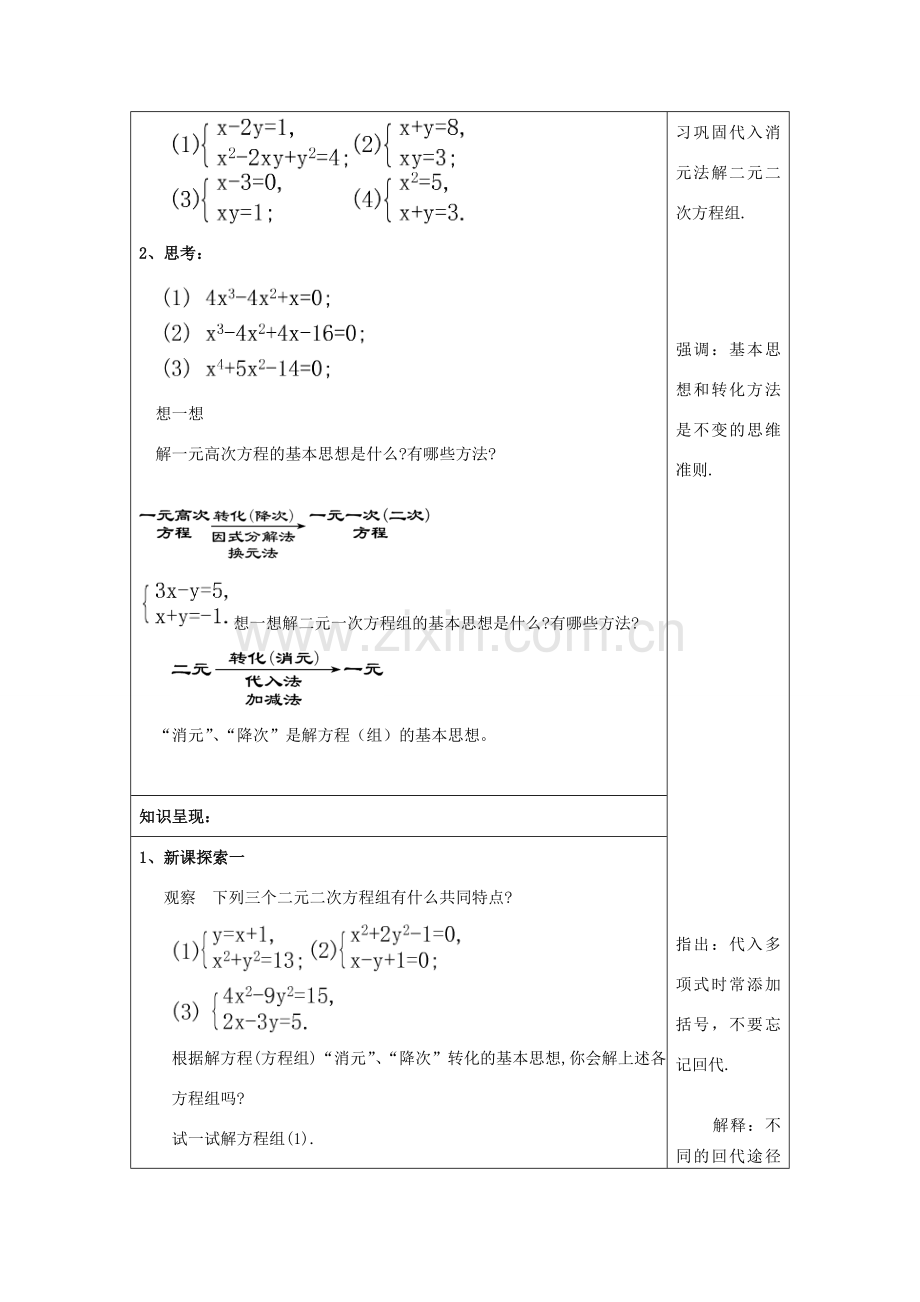 春八年级数学下册 21.6 二元二次方程组的解法（1）教案 沪教版五四制-沪教版初中八年级下册数学教案.doc_第2页