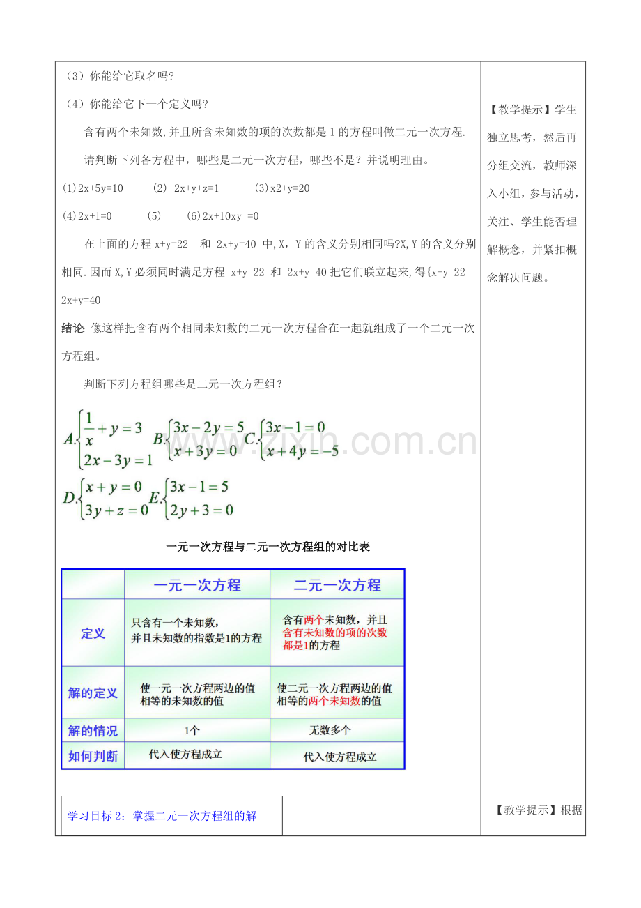 春七年级数学下册 第八章 二元一次方程组 8.1 二元一次方程组教案3 （新版）新人教版-（新版）新人教版初中七年级下册数学教案.doc_第2页