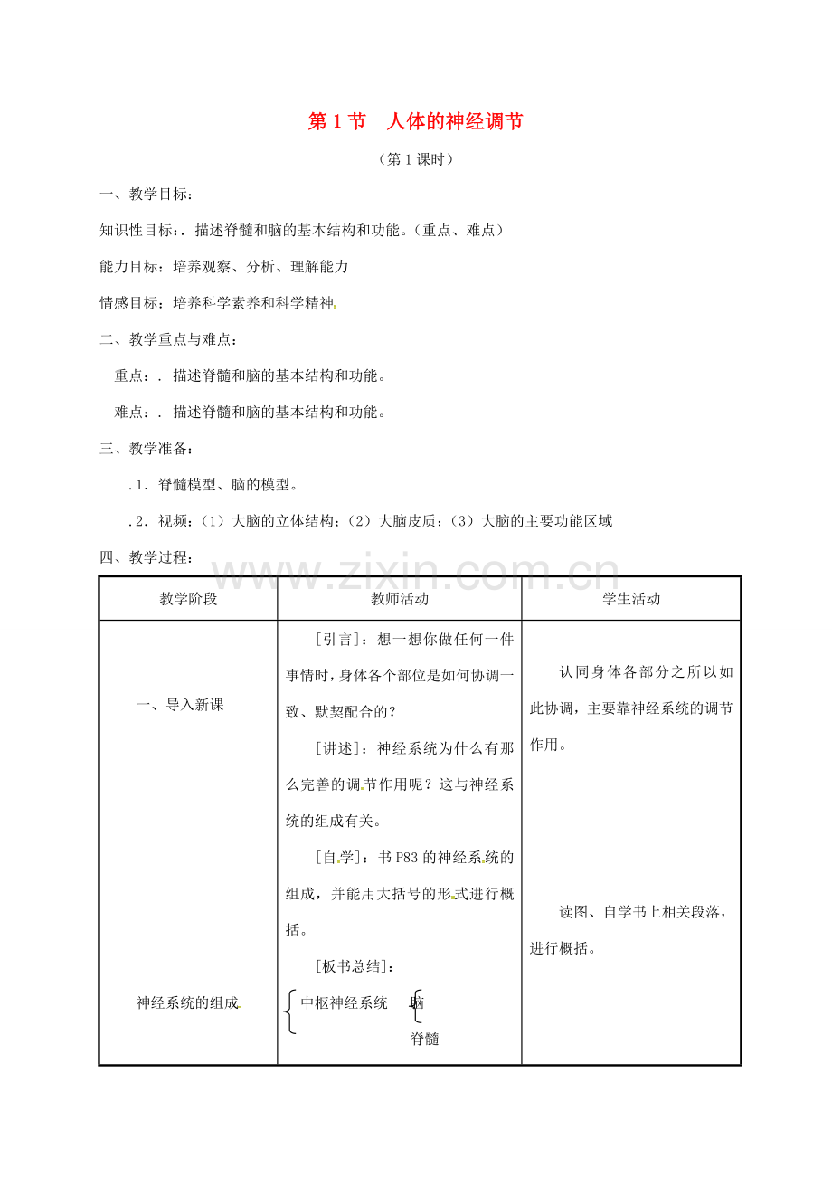 江苏省镇江市八年级生物上册 16.1 人体的神经调节教学设计1 （新版）苏科版-（新版）苏科版初中八年级上册生物教案.doc_第1页