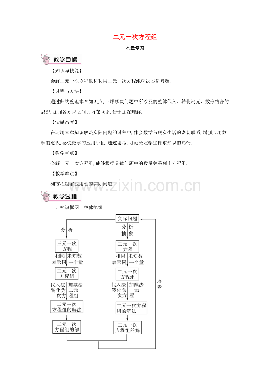 秋期八年级数学上册 5 二元一次方程组本章复习教案 （新版）北师大版-（新版）北师大版初中八年级上册数学教案.doc_第1页