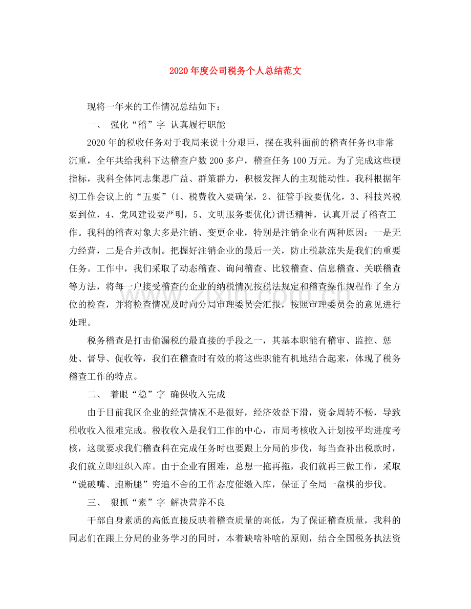 2020年度公司税务个人总结范文.docx_第1页