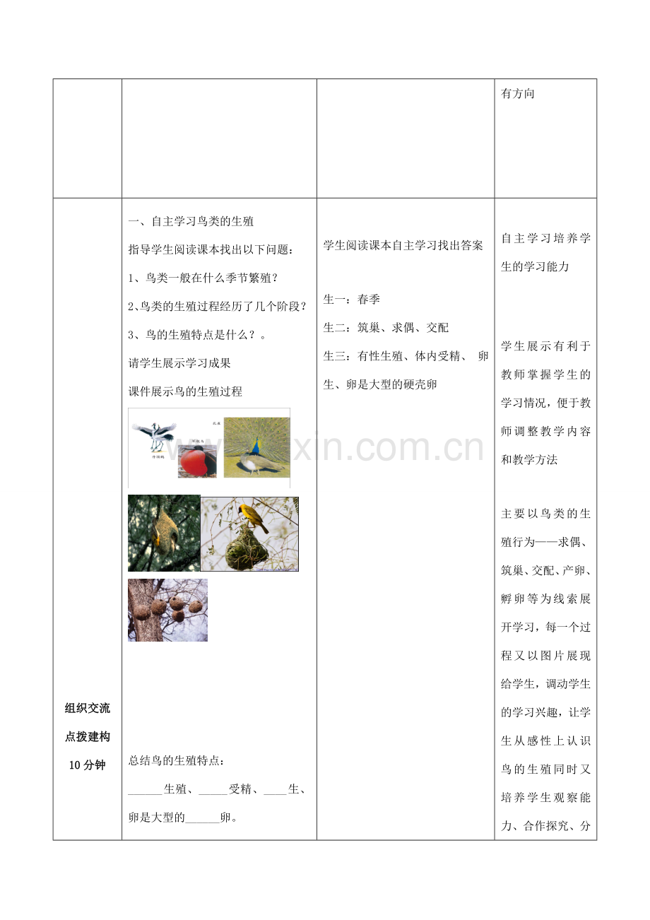 八年级生物上册 第四单元 第二章 第3节《鸟的生殖和发育》教案2 （新版）济南版-（新版）济南版初中八年级上册生物教案.doc_第3页