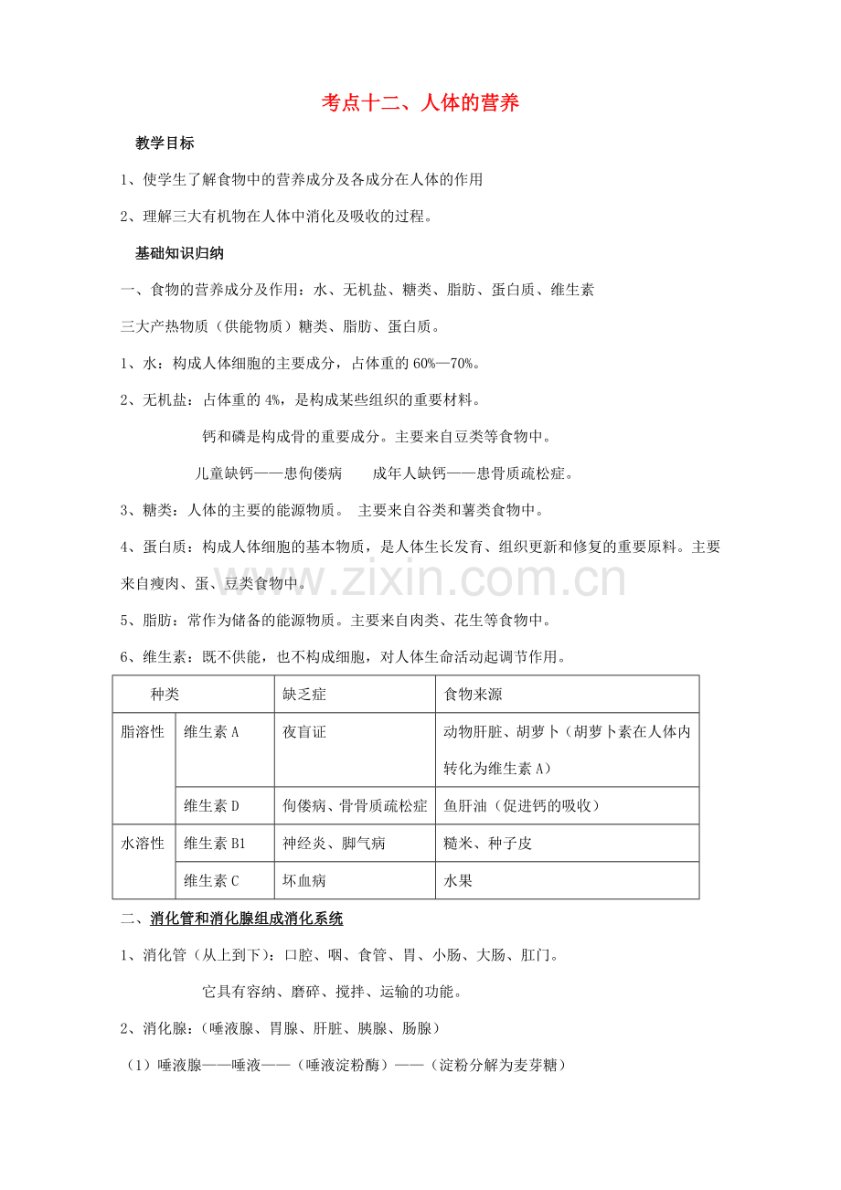 湖北省襄阳市第四十七中学九年级生物 考点十二 人体的营养教学案.doc_第1页