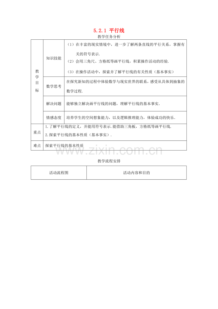 春七年级数学下册 第五章 相交线与平行线 5.2 平行线及其判定 5.2.1 平行线教案2 （新版）新人教版-（新版）新人教版初中七年级下册数学教案.doc_第1页