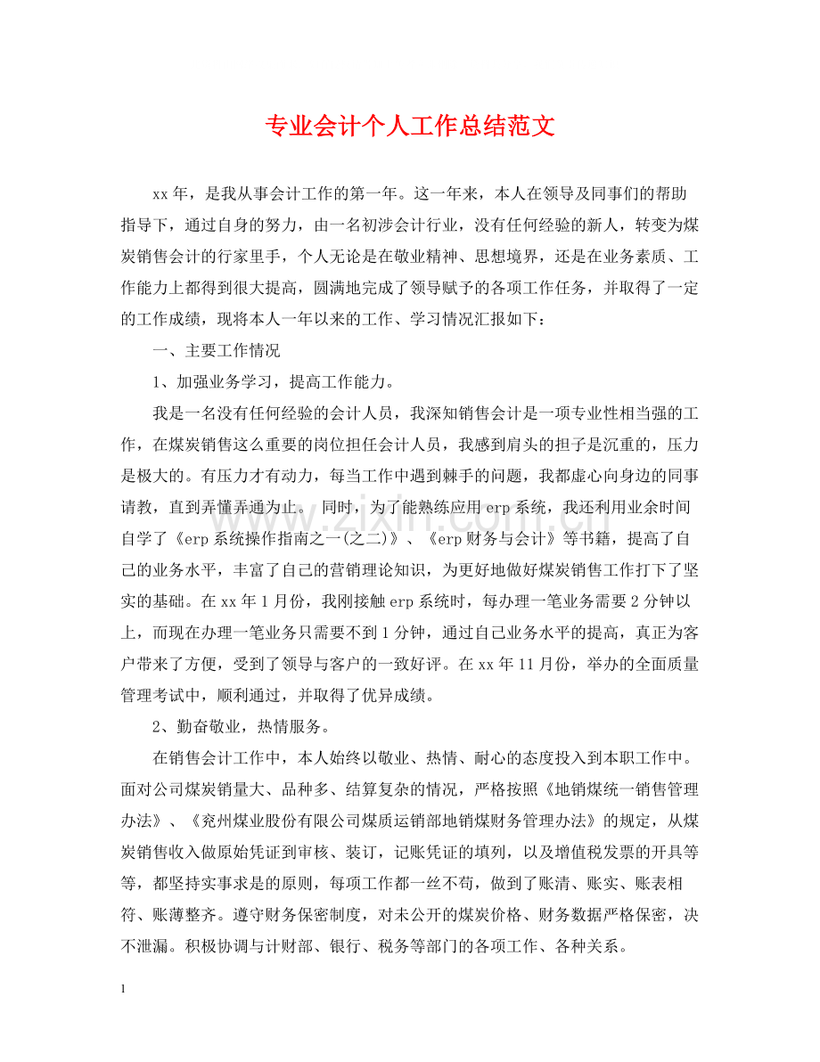 专业会计个人工作总结范文.docx_第1页