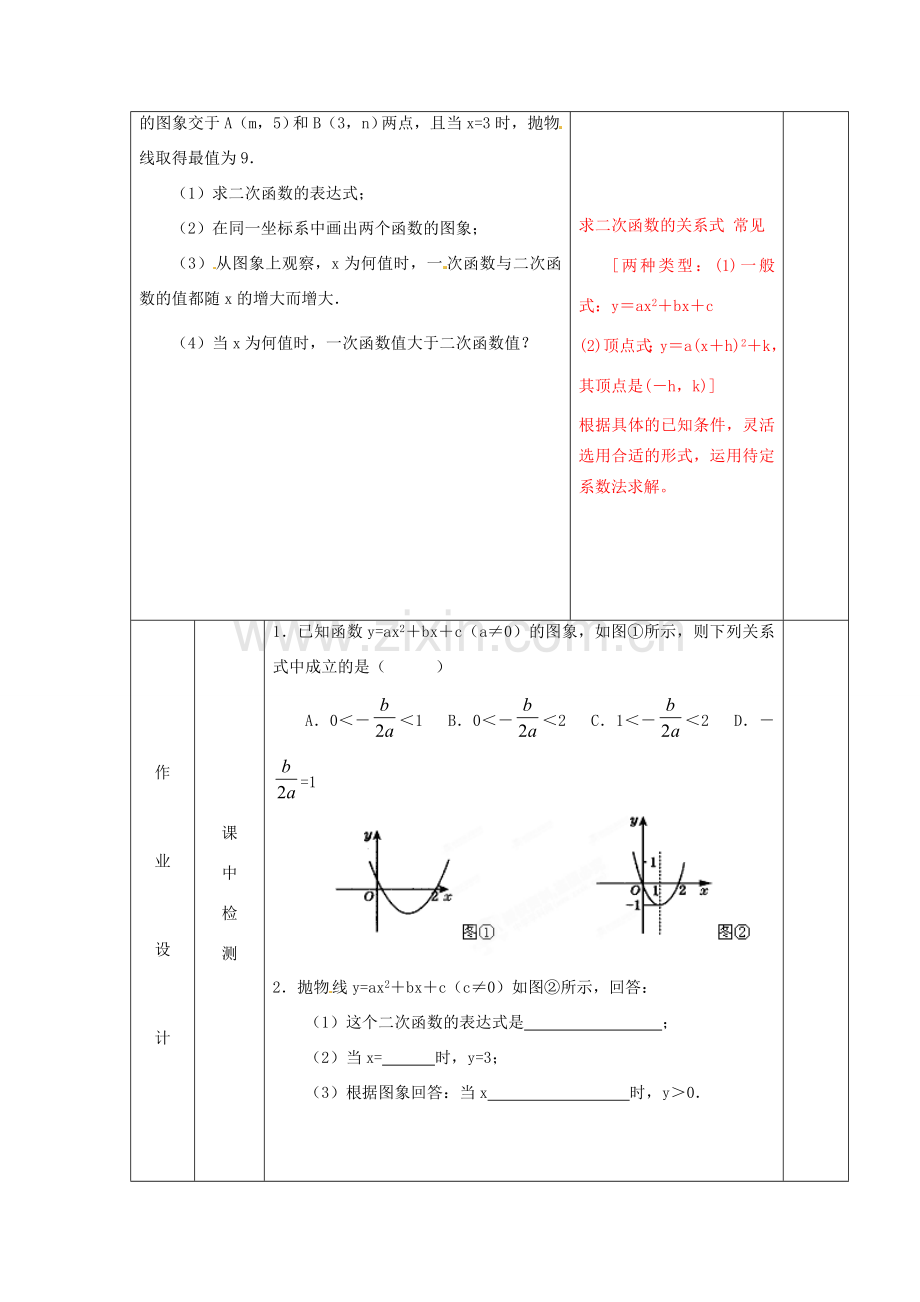 江苏省泗阳县王集中学九年级数学《用三种方式表示二次函数》教案.doc_第2页