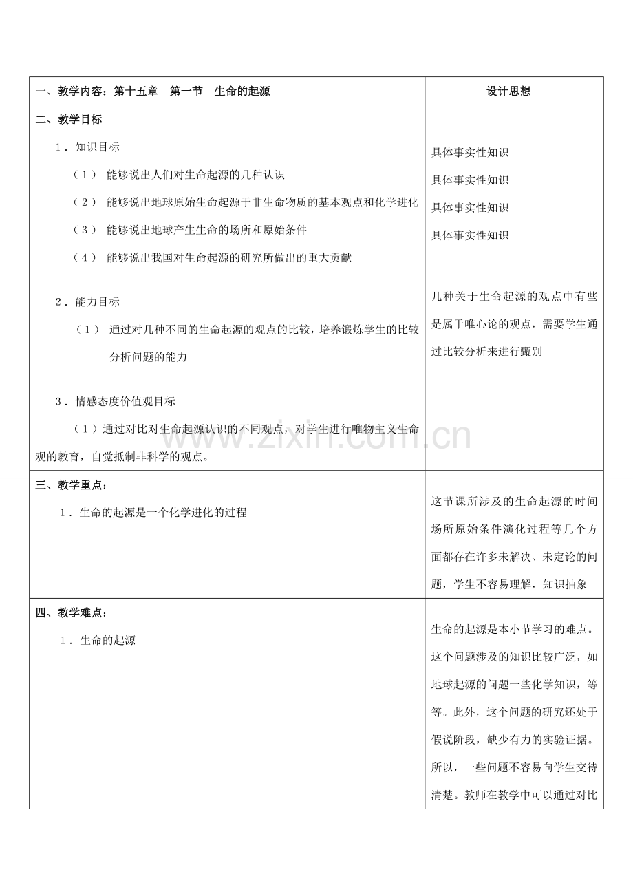 初二生物 第十五章第一节生命的起源教案.doc_第1页