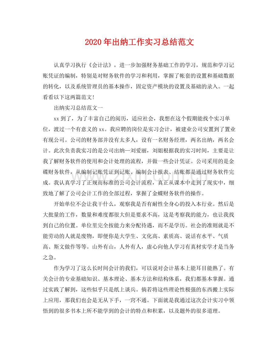 2020年出纳工作实习总结范文 .docx_第1页