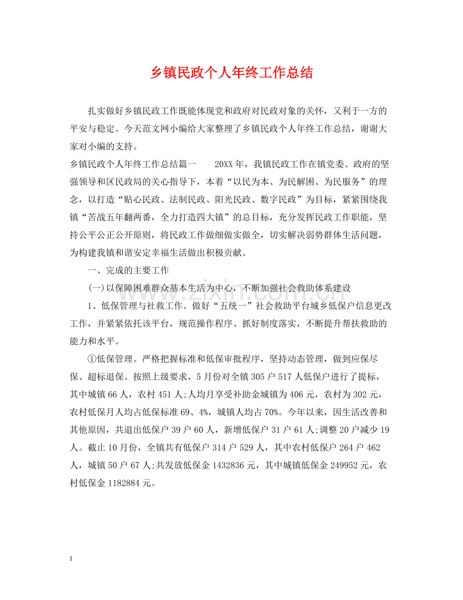 乡镇民政个人年终工作总结.docx_第1页