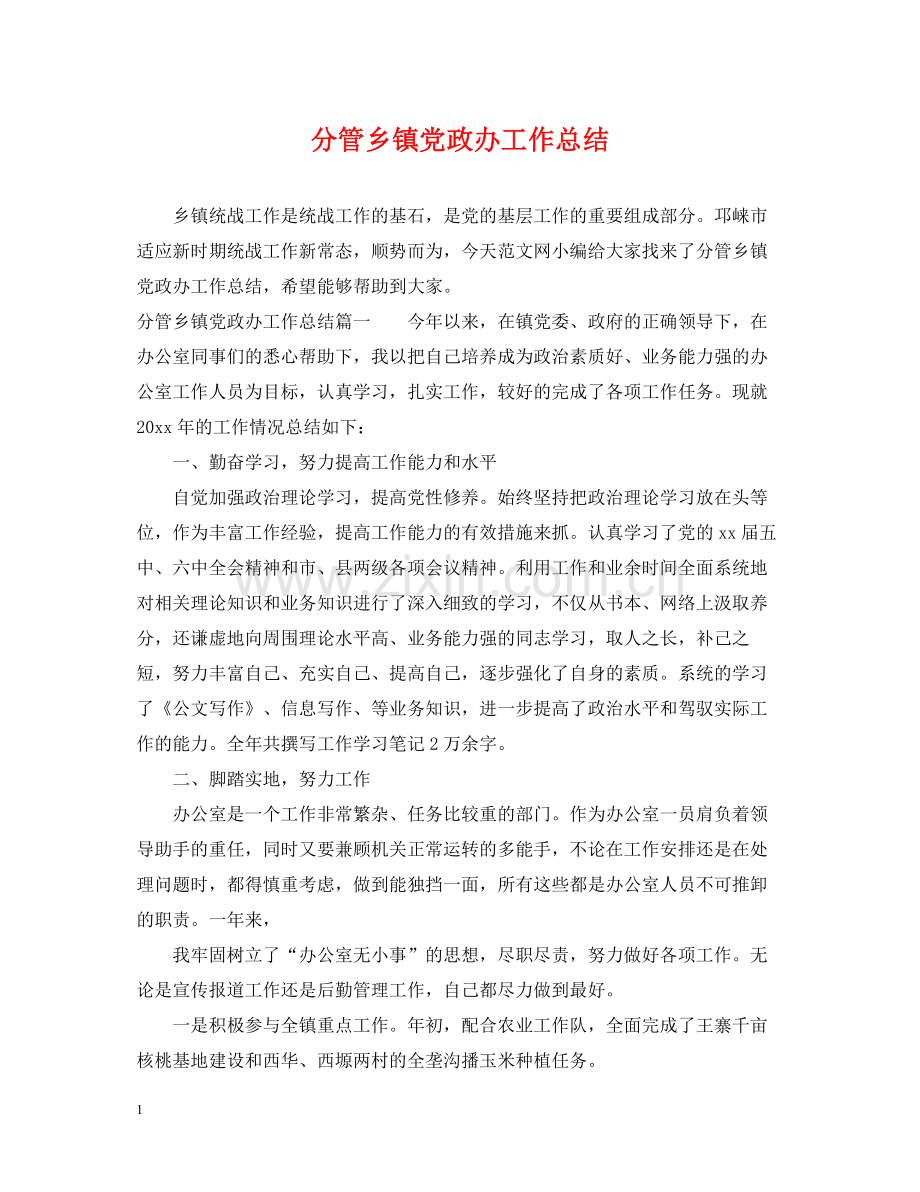 分管乡镇党政办工作总结.docx_第1页