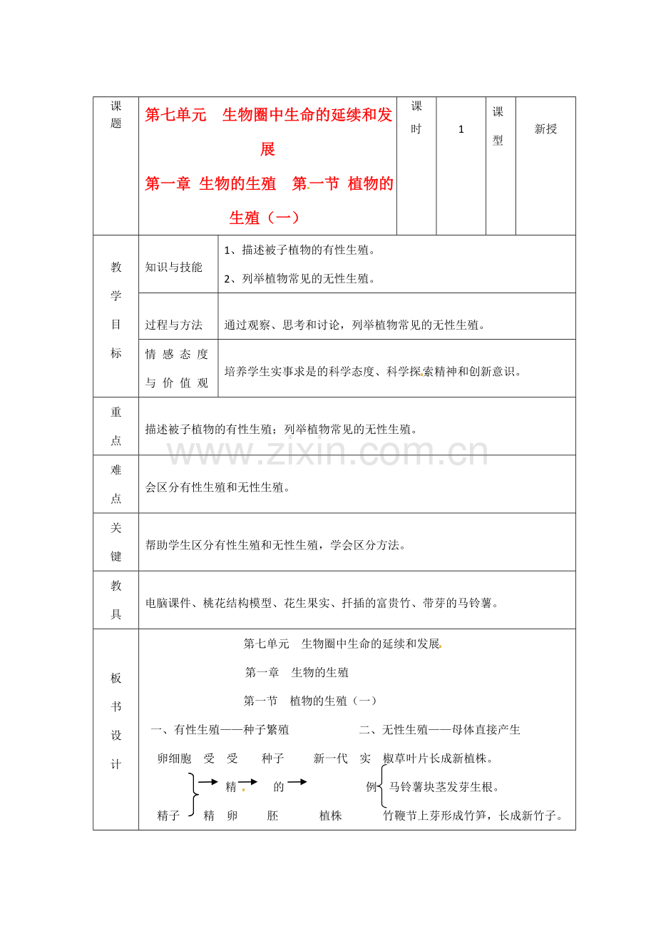 辽宁省大连市第四十二中学八年级生物下册 第七单元 第一章 第一节 植物的生殖（一）教案 新人教版.doc_第1页