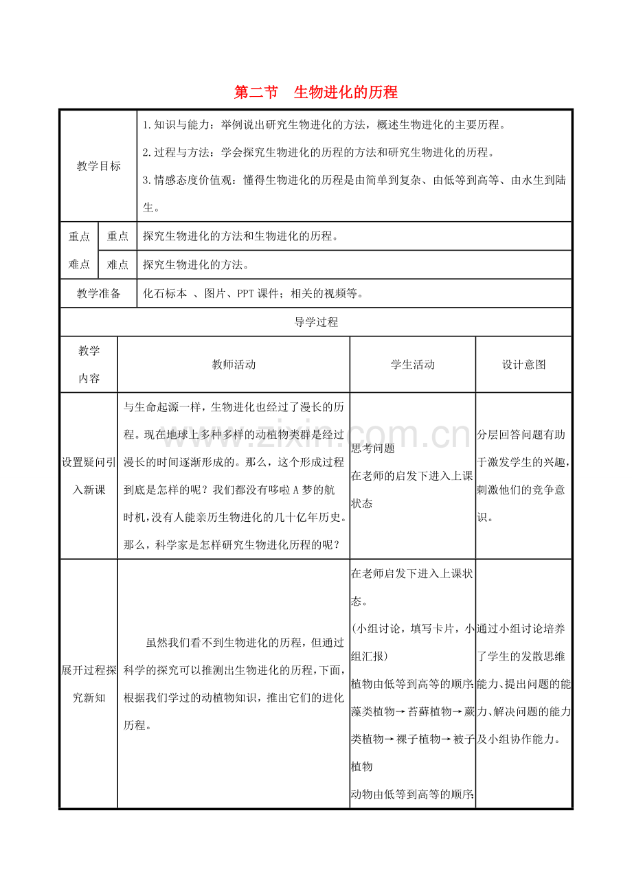 版八年级生物下册 第七单元 生物圈中生命的延续和发展 第三章 生命起源和生物进化 第2节 生物进化的历程教案 （新版）新人教版-（新版）新人教版初中八年级下册生物教案.doc_第1页