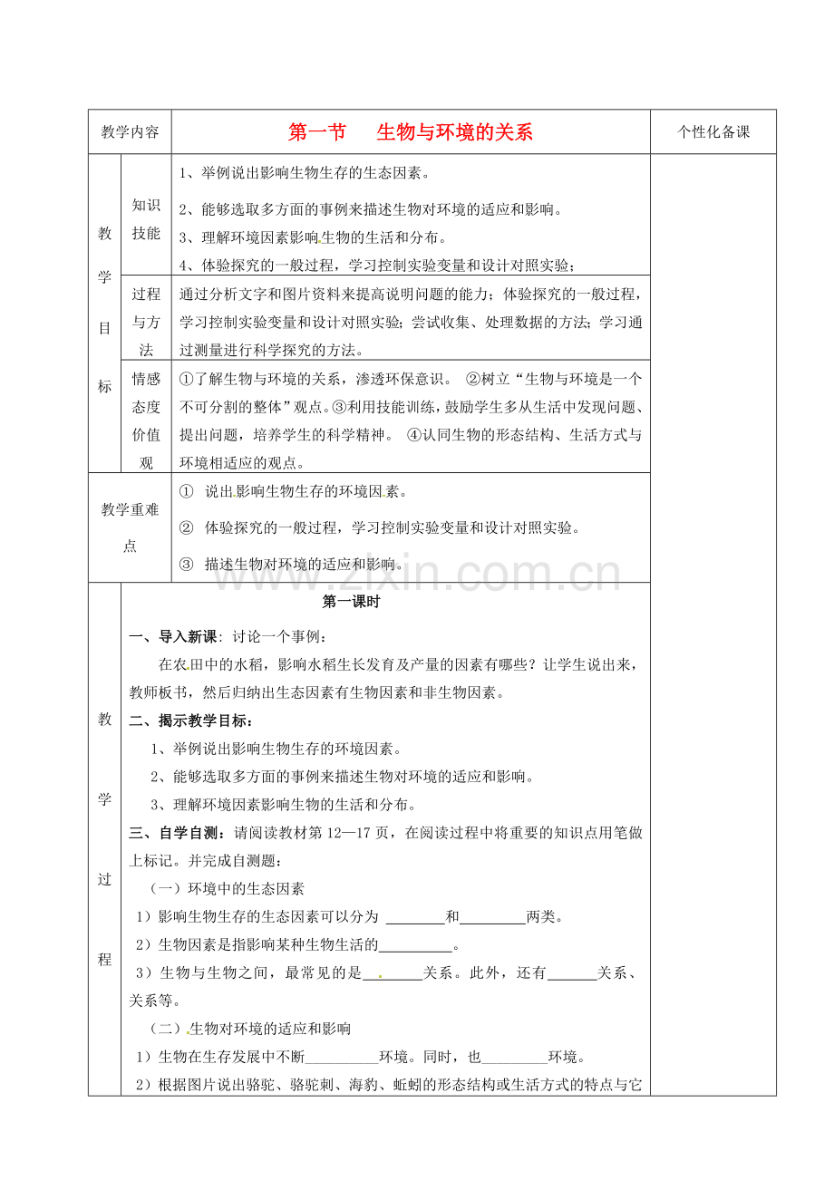 湖南省茶陵县世纪星实验学校七年级生物上册《2.1生物与环境的关系》教案 人教新课标版.doc_第1页