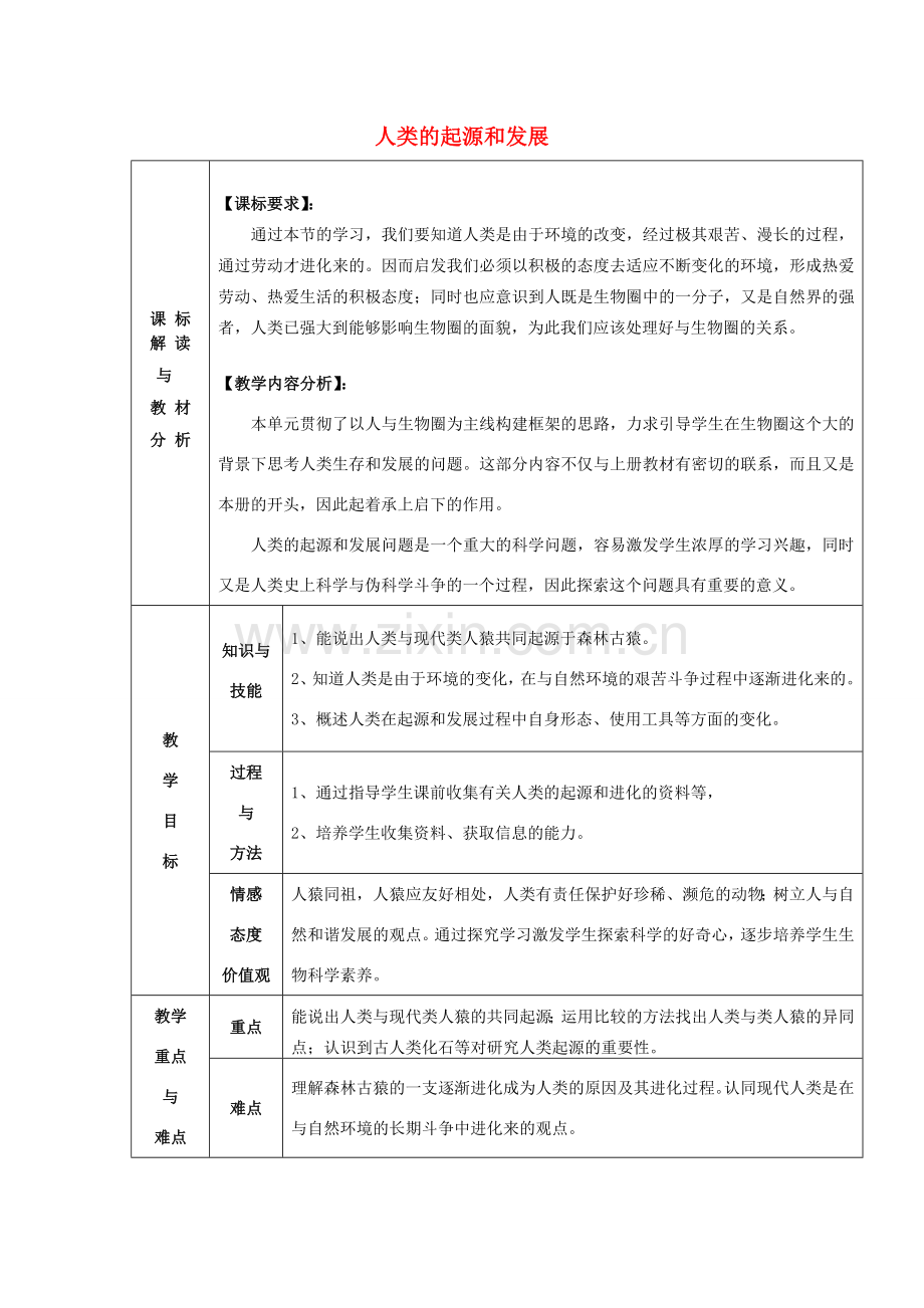 甘肃省武威第十一中学七年级生物下册《第四单元 第一章 第一节 人类的起源和发展》教案新人教版.doc_第1页