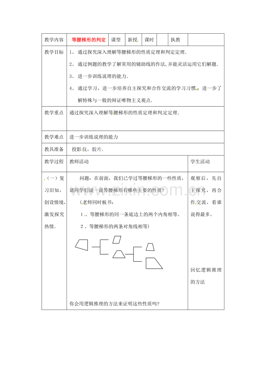 八年级数学下册 20.5等腰梯形的判定教案 华东师大版.doc_第1页