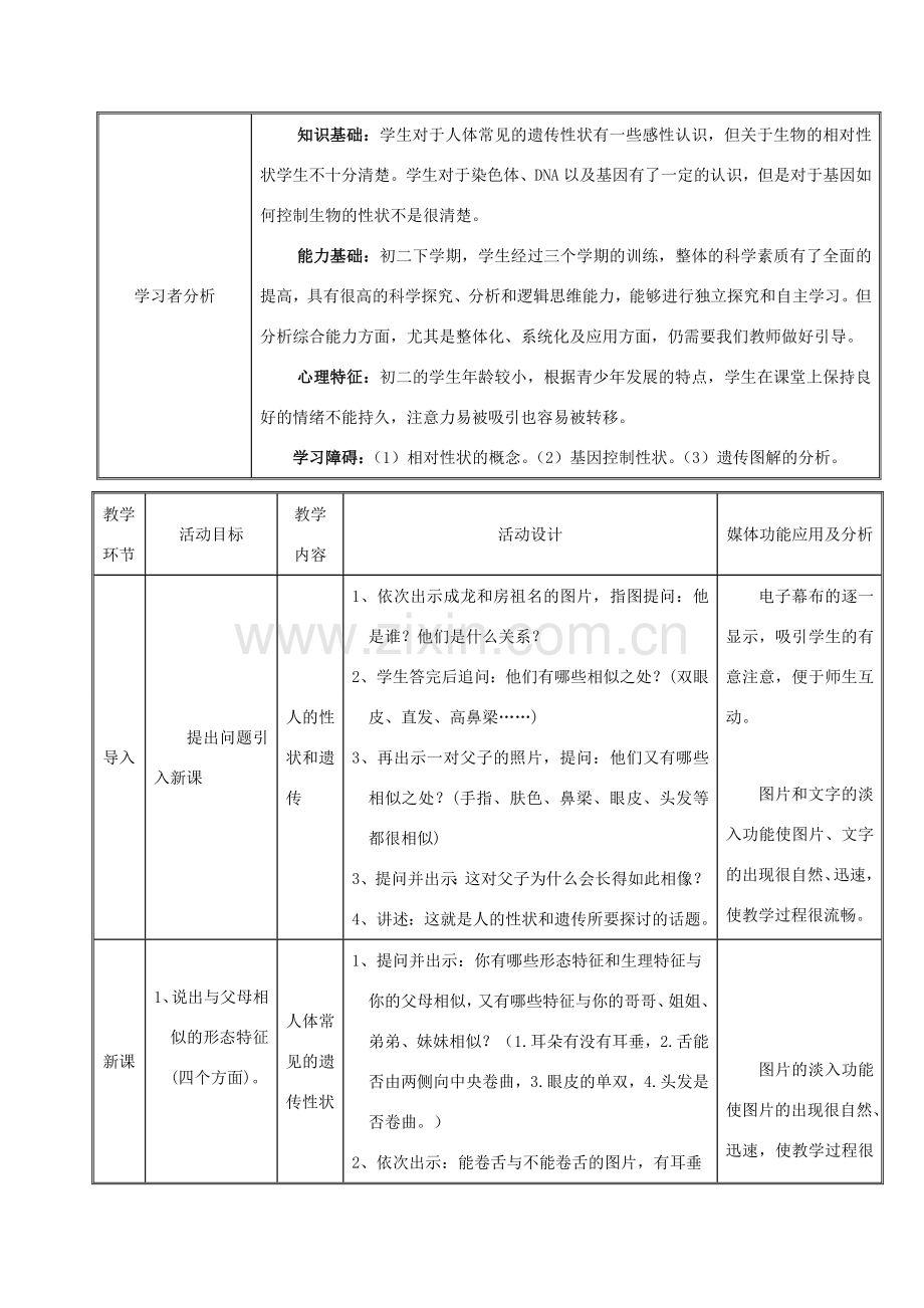 八年级生物下册 第八单元 生物的生殖、发育与遗传 第二十二章 生物的遗传和变异 第二节 人的性状和遗传教案1（新版）苏教版-（新版）苏教版初中八年级下册生物教案.doc_第2页